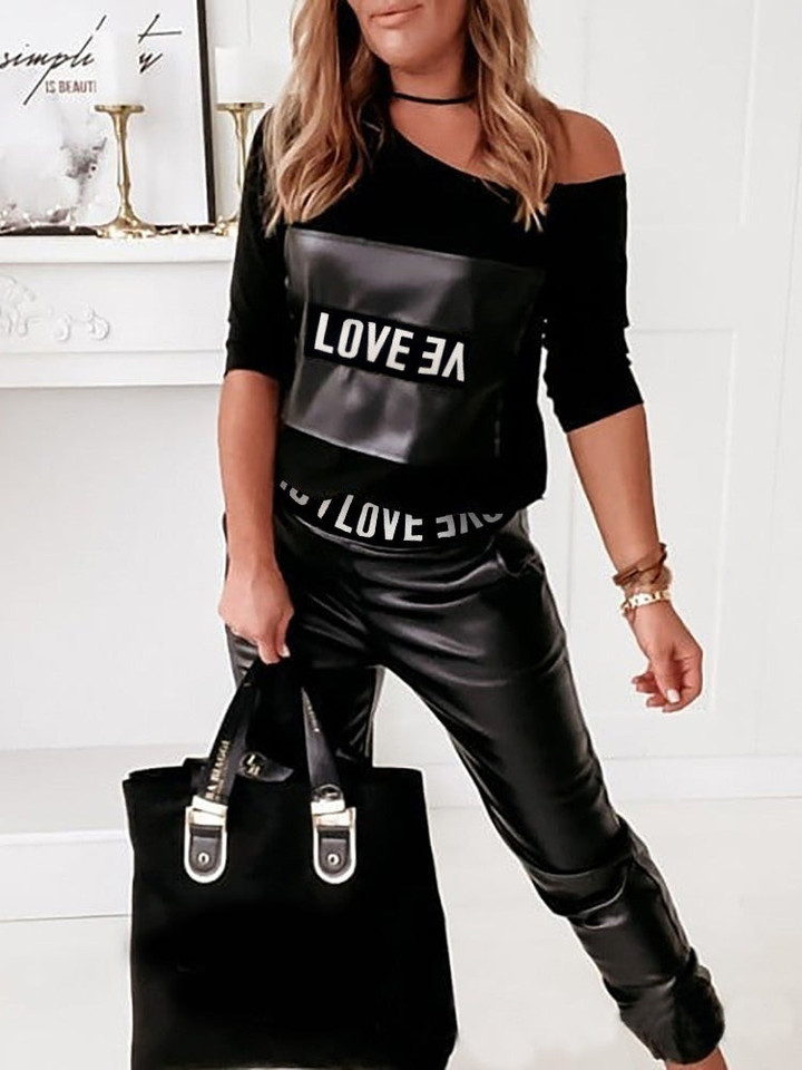 Lettering Long Sleeve Leather Pants Two Piece Set