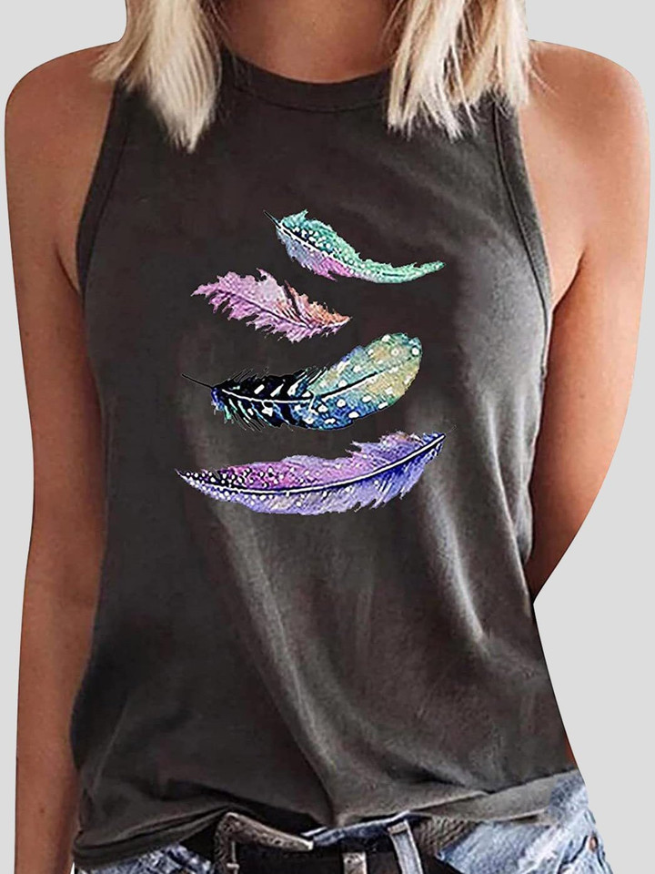 Feather Print Sleeveless Casual Tank Tops