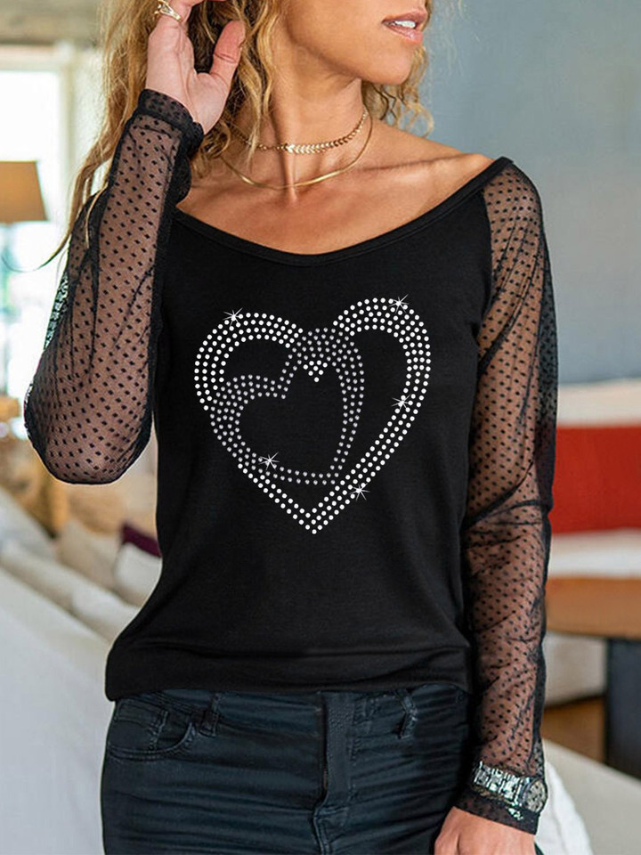 Love Hot Rhinestone Mesh Stitching Long Sleeve T-Shirt