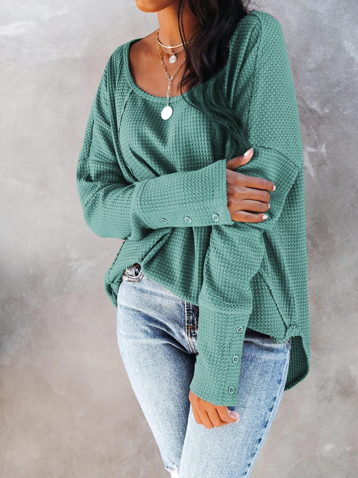 Waffle Round Neck Button Long Sleeve T-Shirt