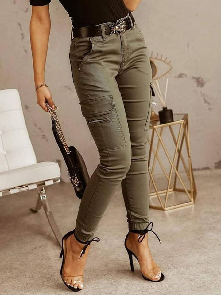 Zipper Pocket Design Casual Pants Without Belt