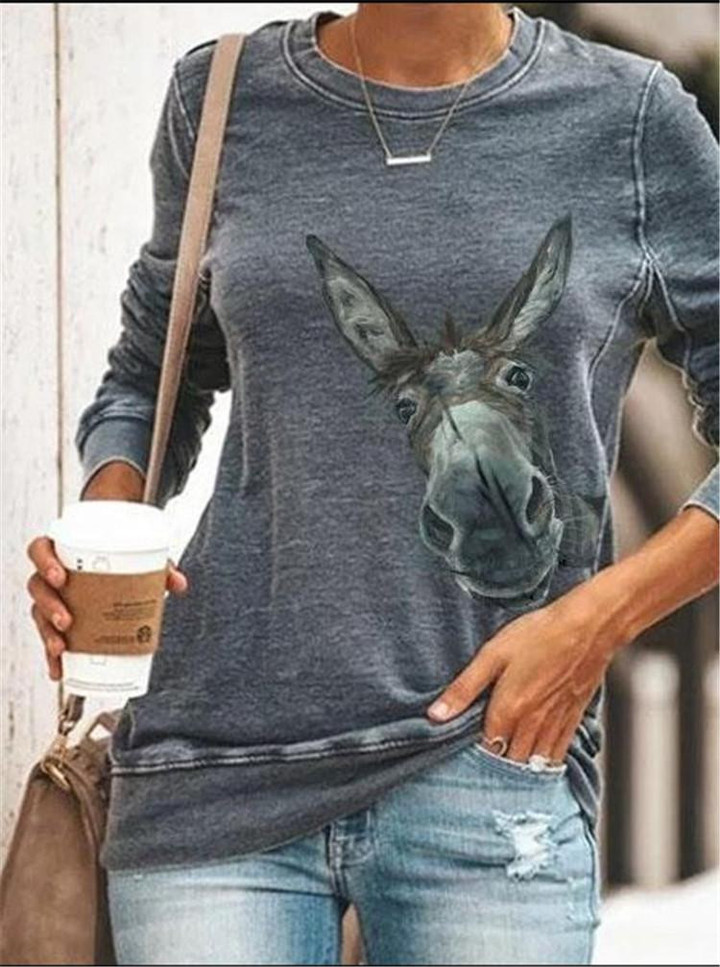 Round Neck Donkey Head Print Casual Long Sleeve T-Shirt