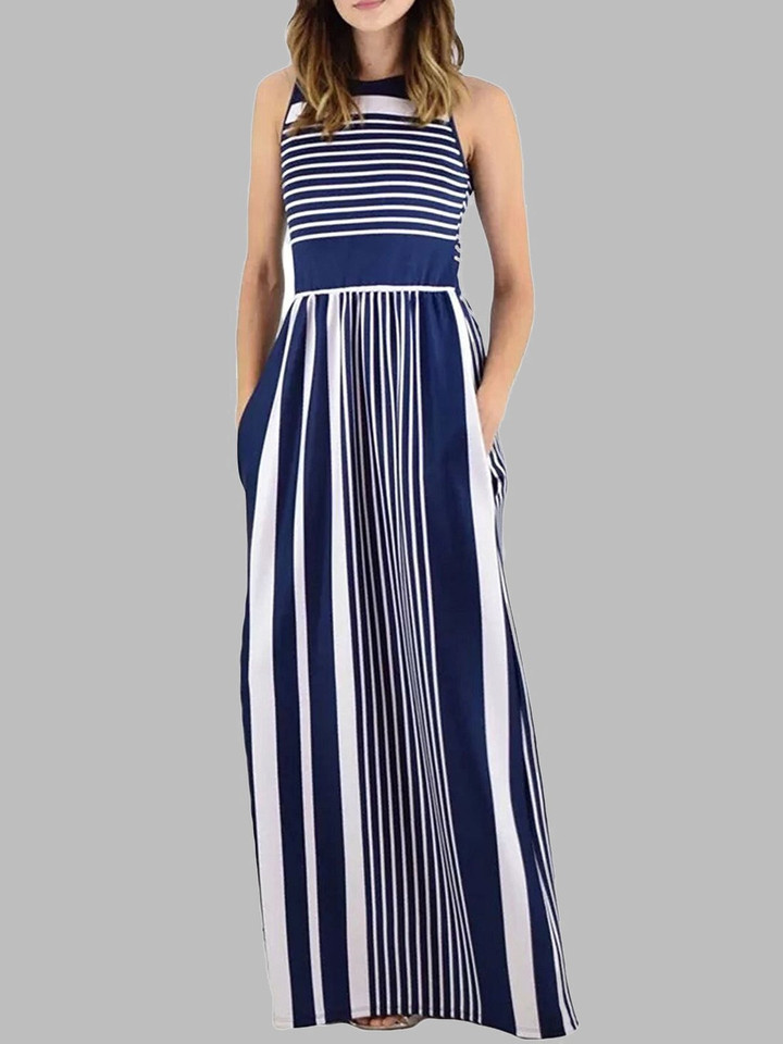 Striped Print Sleeveless Round Neck Dress