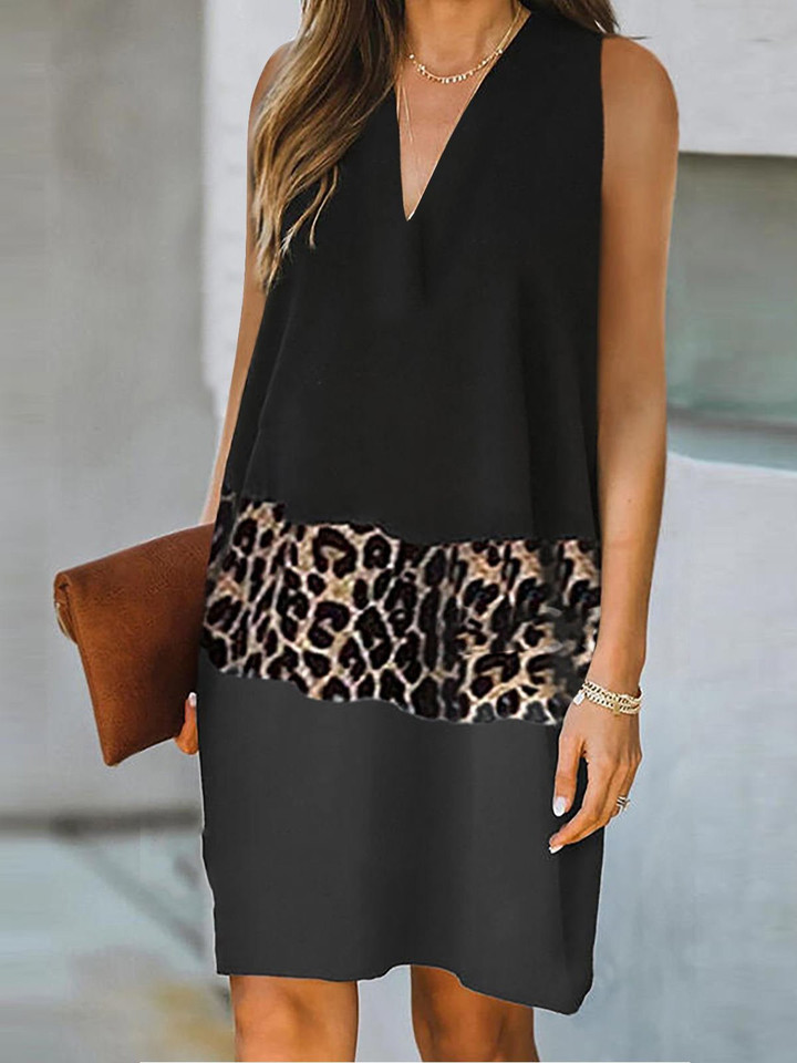 Stitched Leopard Print Sleeveless Dresses