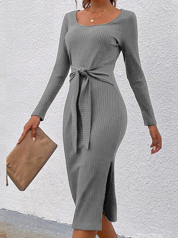 Round Neck Long Sleeve Belted Slit Tight Dress