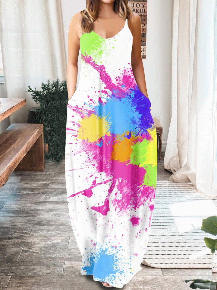 Printed V-Neck Sling Pocket Sleeveless Dress