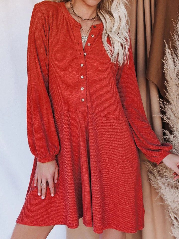 Solid V-Neck Long Sleeve Button Casual Dress