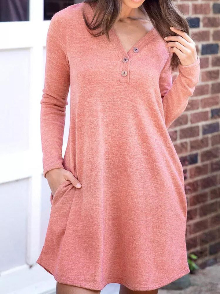 Pocket Button Solid Casual Long Sleeve Dress