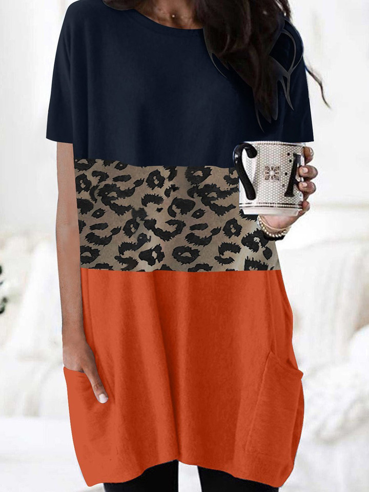 Leopard Print Short Sleeve Pocket Dress