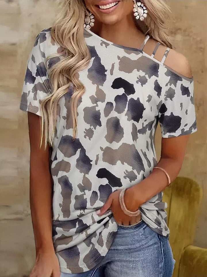 Leopard Print Short Sleeve Off Shoulder T-Shirt