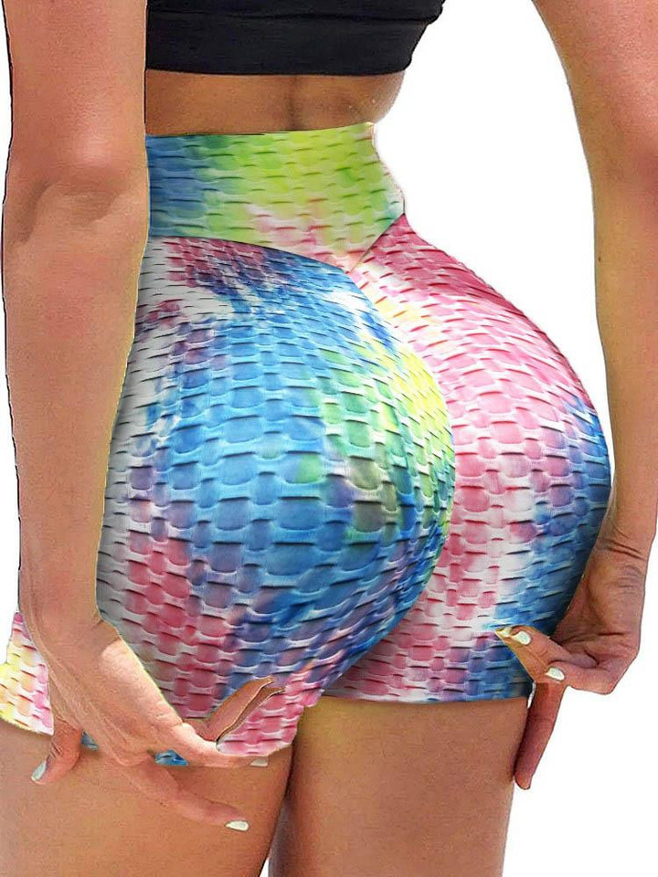 High Waist Tie Dye Print Butt Lifting Bubble Textured Yoga Shorts