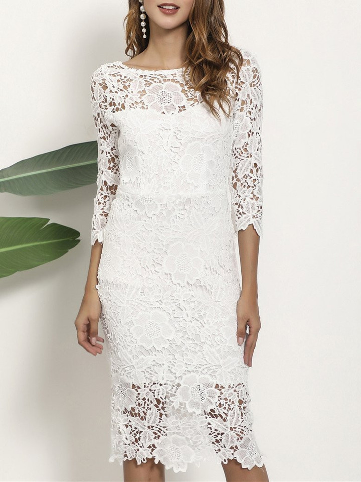Lace Round Neck Long-sleeved Pencil Midi Dress
