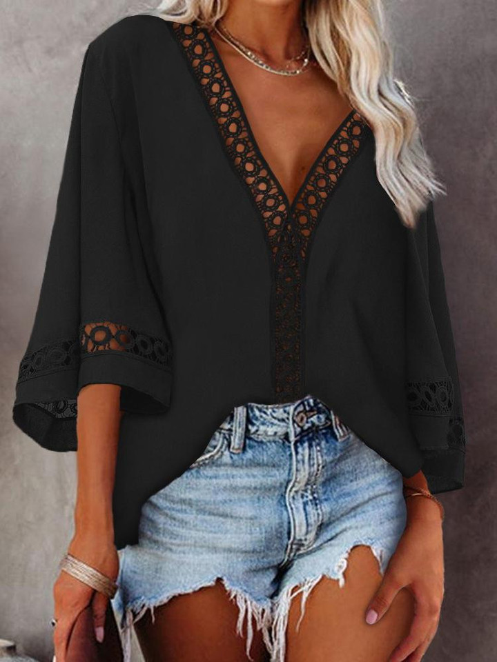 Hollow-out Bell Sleeve V-Neck Top