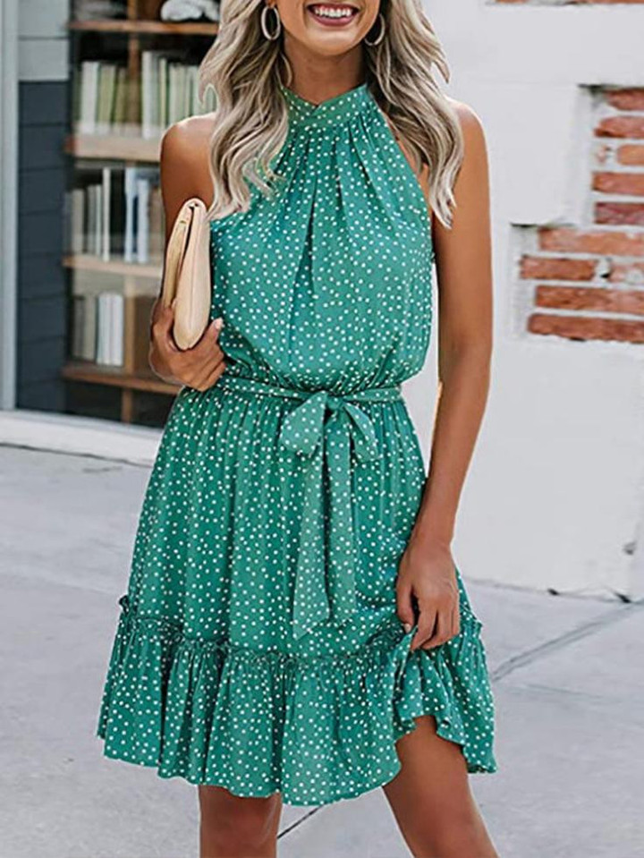 Sleeveless Off Shoulder Polka-dot Print Dress
