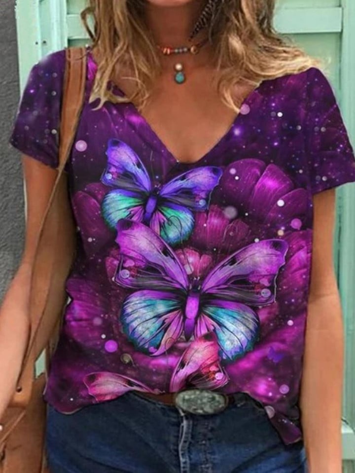 Slim Tie-dye Butterfly Print Short-sleeved T-shirt