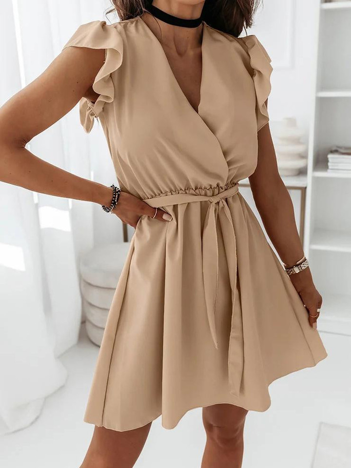 Ruffled Simple V-Neck Solid Short Sleeve Dress