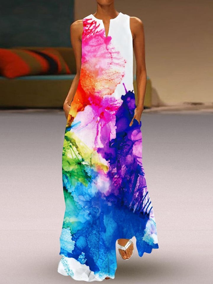 Sleeveless Watercolor Print V-neck Pocket Dress