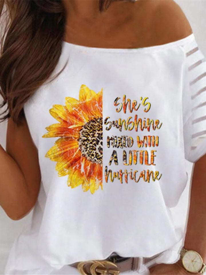Short Sleeve Sunflower Letter Print Loose T-shirt