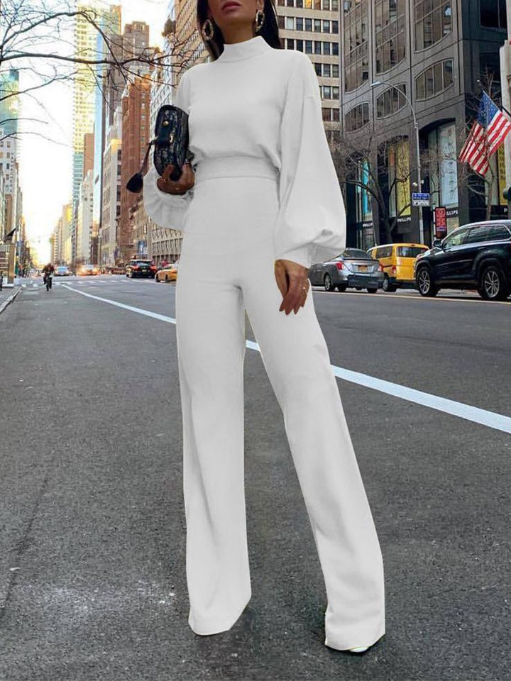 Solid High-necked Long-sleeved Casual Jumpsuit