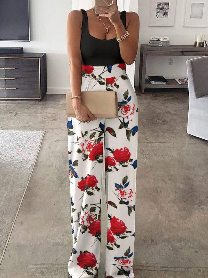 Solid Color Tank Top Printed Jumpsuit