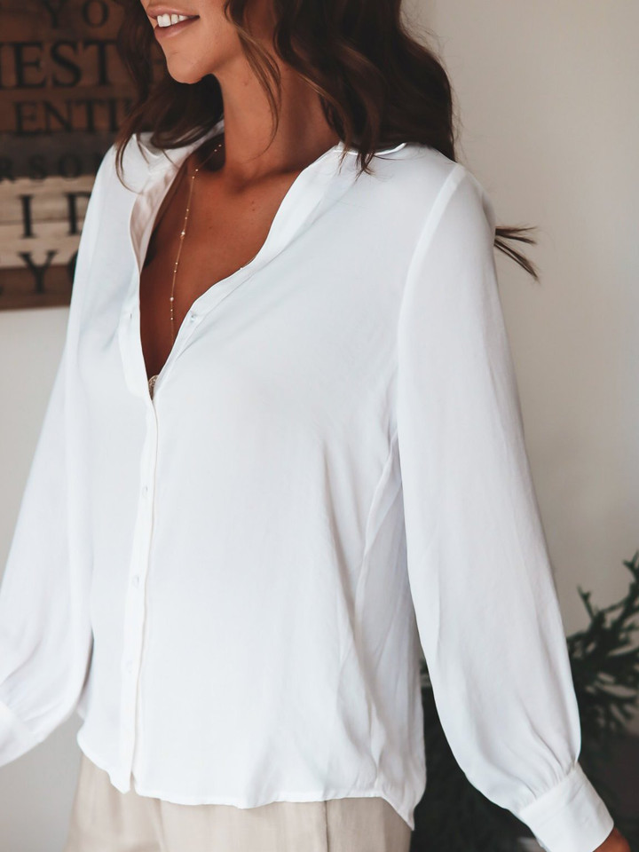 Solid Button Long Sleeve Casual Blouse