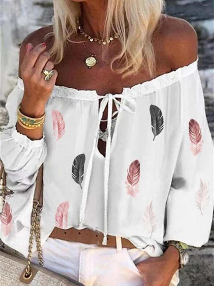 Blouses Feather Print Boat Neck Long Sleeve Chiffon Blouses