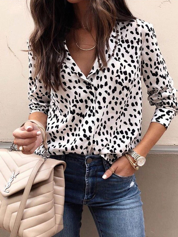 Blouses Leopard Print Button Long Sleeve Blouse
