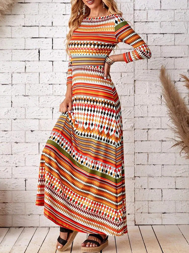 Multicolor Striped Crewneck Long Sleeve Dress