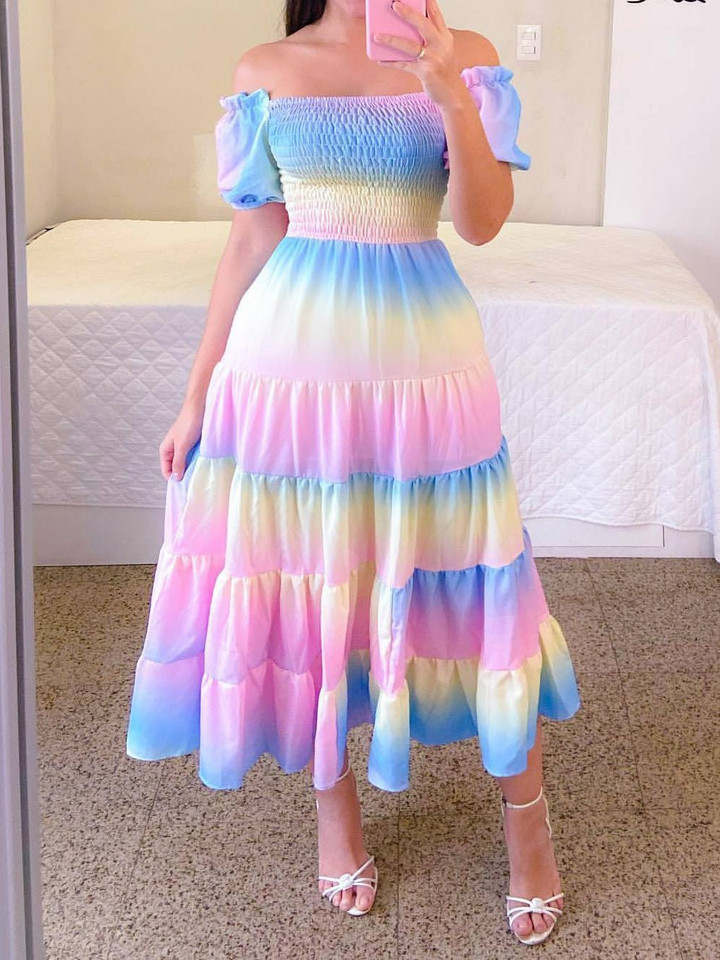 One-Shoulder Rainbow Striped Short Sleeve Dress