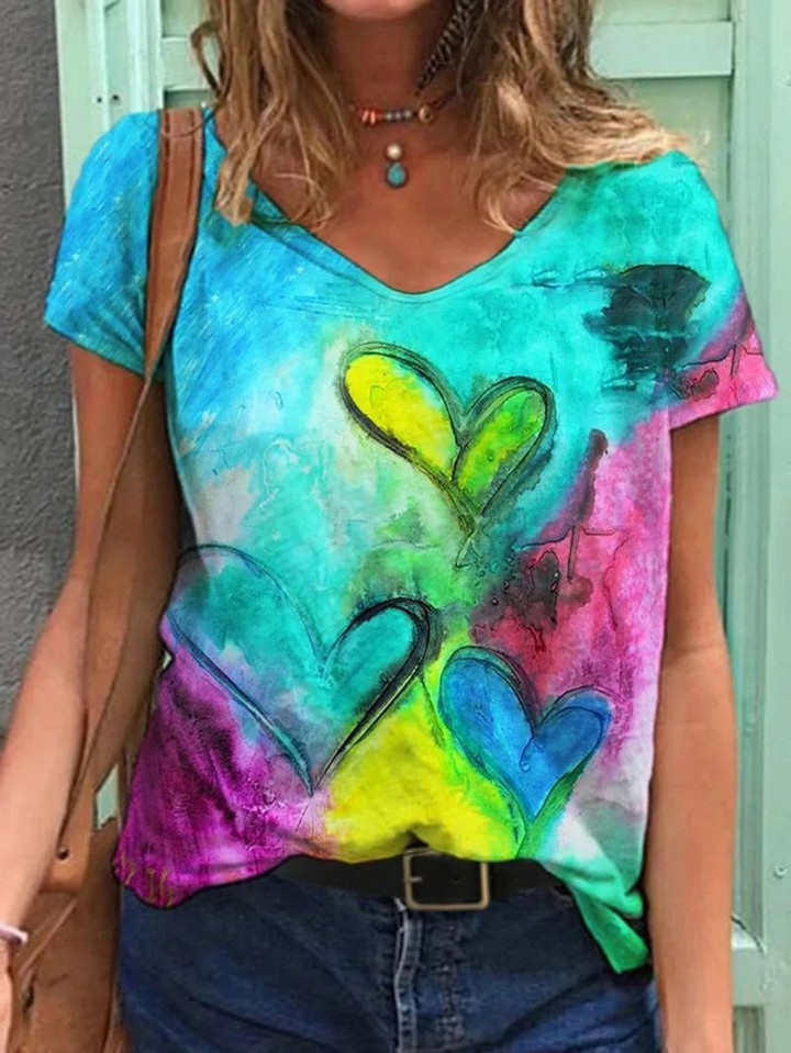 Loose V-neck Short Sleeve T-shirt With Love Print