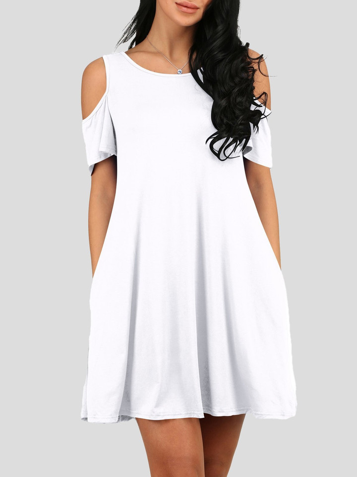 Loose Solid Off-shoulder Short-sleeved Pocket Dress