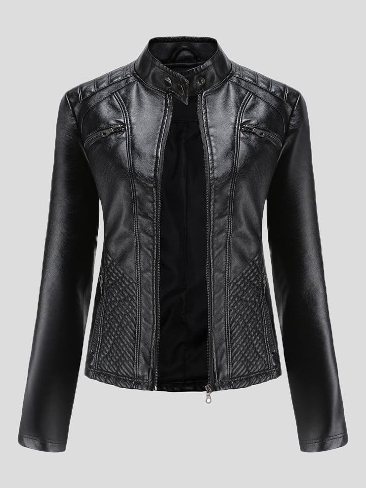 Casual Stand-Collar Slim Solid Leather Jacket