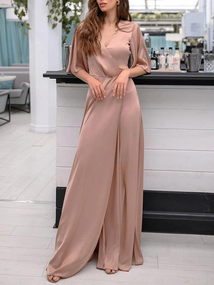V-Neck Satin Mid Sleeve Split Maxi Dresses