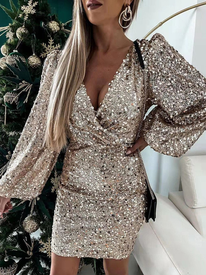 V-Neck Sequined Puff Long Sleeve Dress