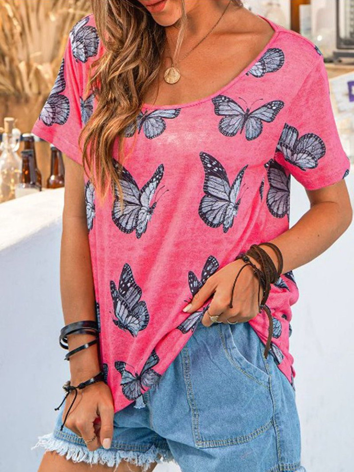 Butterfly Vintage Short Sleeve Round Neck Casual T-shirt