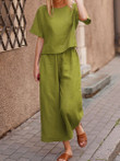 Solid Short Sleeve Top & Wide Leg Pants Two Piece Set