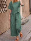 Solid Short Sleeve Top & Wide Leg Pants Two Piece Set