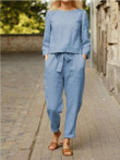 Solid Long Sleeve Top & Belted Pocket Trousers Two-Piece Suit