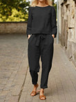 Solid Long Sleeve Top & Belted Pocket Trousers Two-Piece Suit