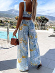 Printed Sling Bow Hollow Tops & Slit Pants Two-Piece Set