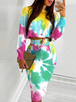 Printed Round Neck Long Sleeve Skirt Two-Piece Set