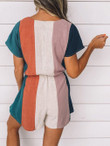 V-Neck Drawstring Striped Short Sleeve Jumpsuit