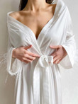 Long Sleeve Nightgown Feather Belted Acetate Silk Homewear