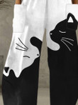 Cat Print Pocket Wide Leg Pants