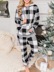 Plaid Print Hooded Drawstring Trousers Two-Piece Suit