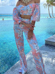 Boat Neck Crop Top & Printed Trousers Two-Piece Suit