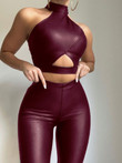PU Leather Cutout Crop Top & Pants Slim Fit Two Piece Set