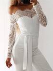 One Word Collar Lace Panel Long Sleeve Jumpsuit