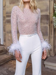Feather Sequin Stitching Long Sleeve Jumpsuit