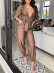 Solid Long Sleeve Belted Button Jumpsuit